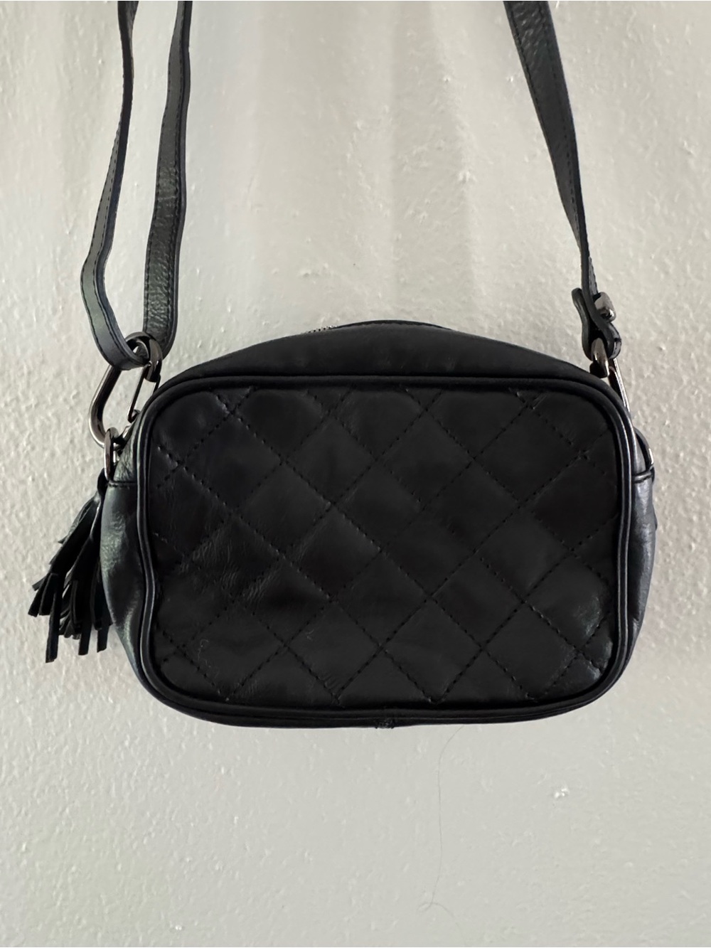 Plinio Visona Black Quilted Crossbody with Tassel